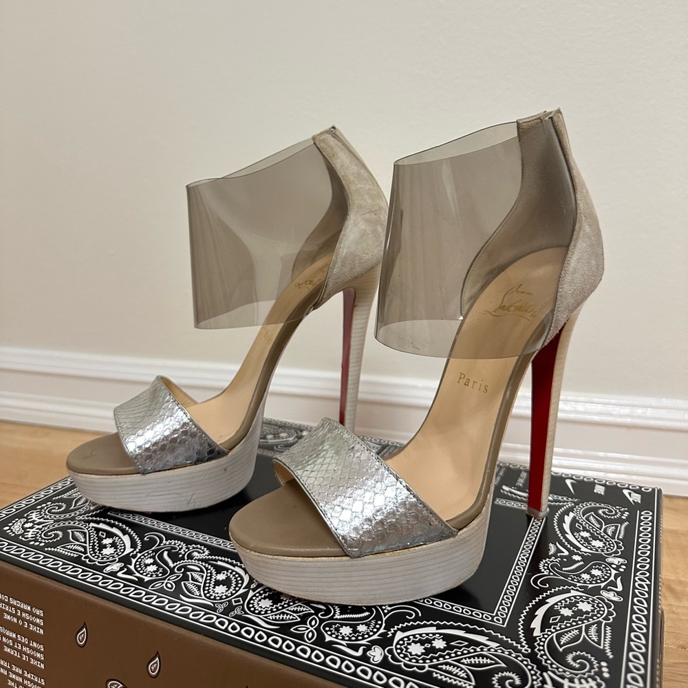 Christian Louboutin Tricolor Embossed Python and PVC Dufoura Sandals